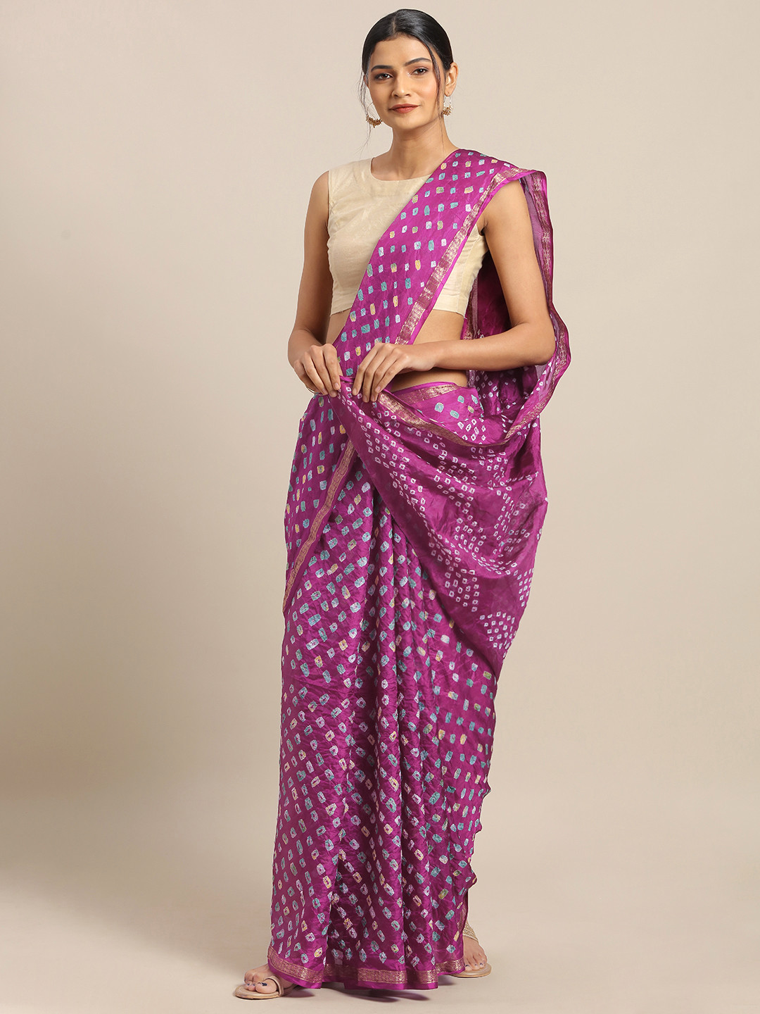 Geroo Jaipur Hand Dyed Purple Bandhani Silk  Sustainable Saree