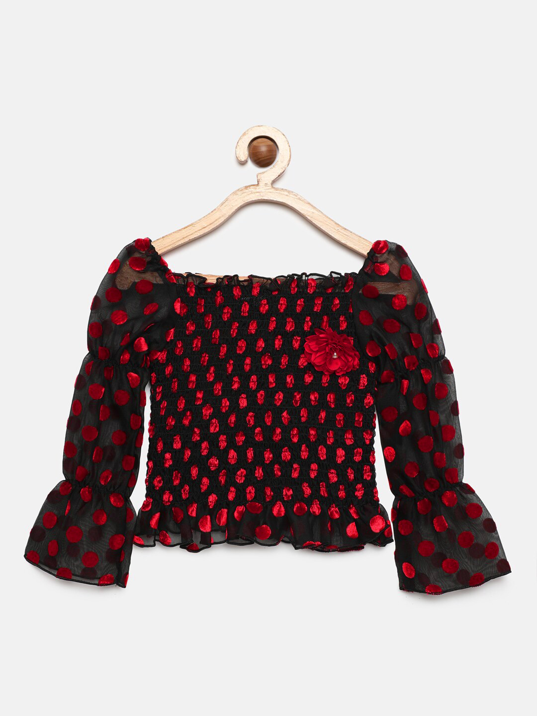 Actuel Girls Black & Red Printed Smocking Top