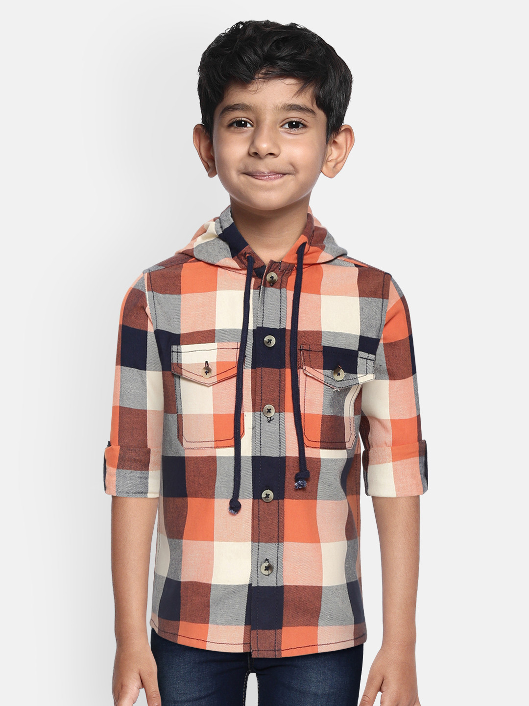 YK Boys Orange & Navy Blue Regular Fit Pure Cotton Checked Hooded Casual Shirt