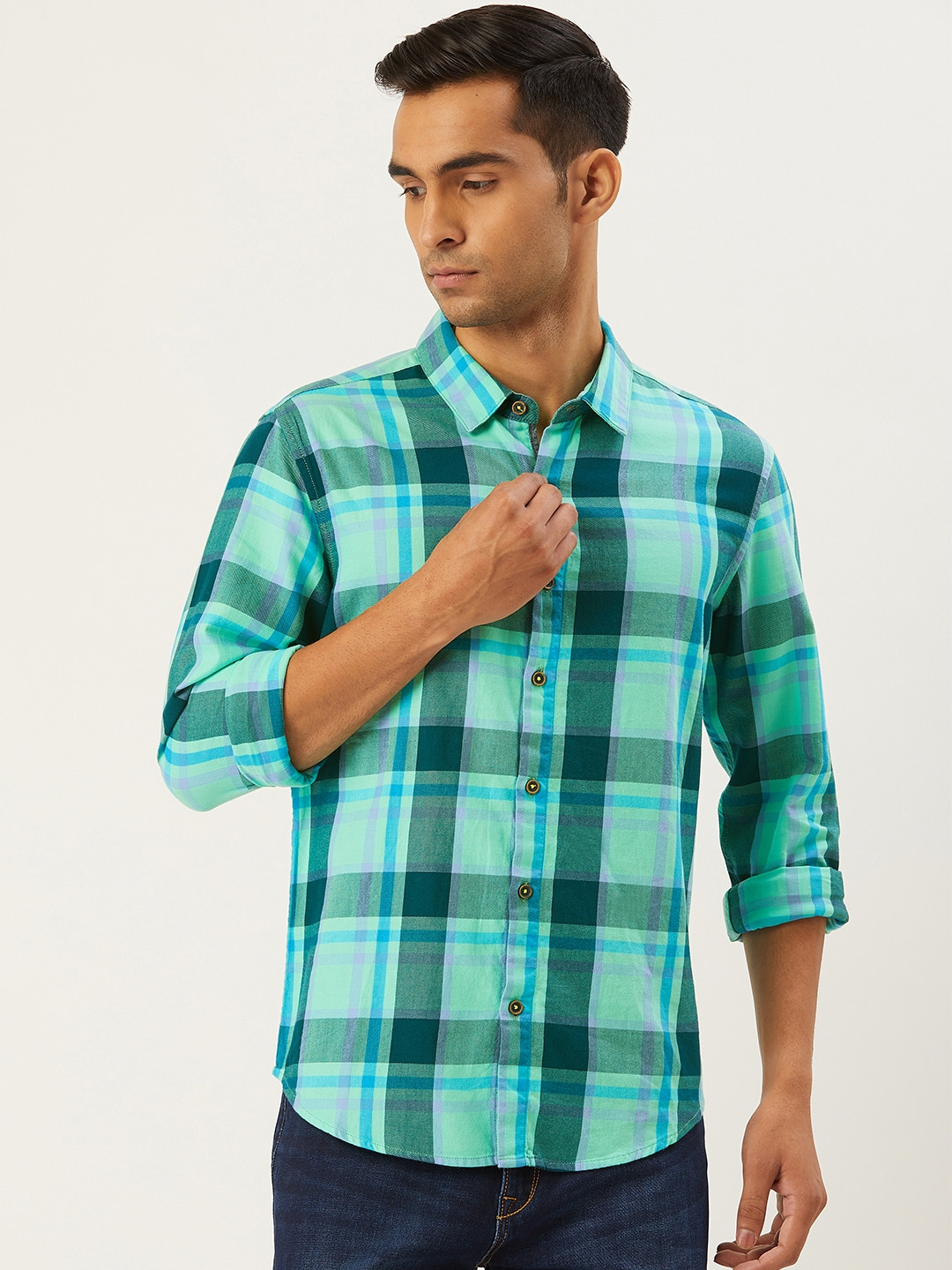 United Colors of Benetton Men Green & Blue Flannel Regular Fit Checked Casual Shirt
