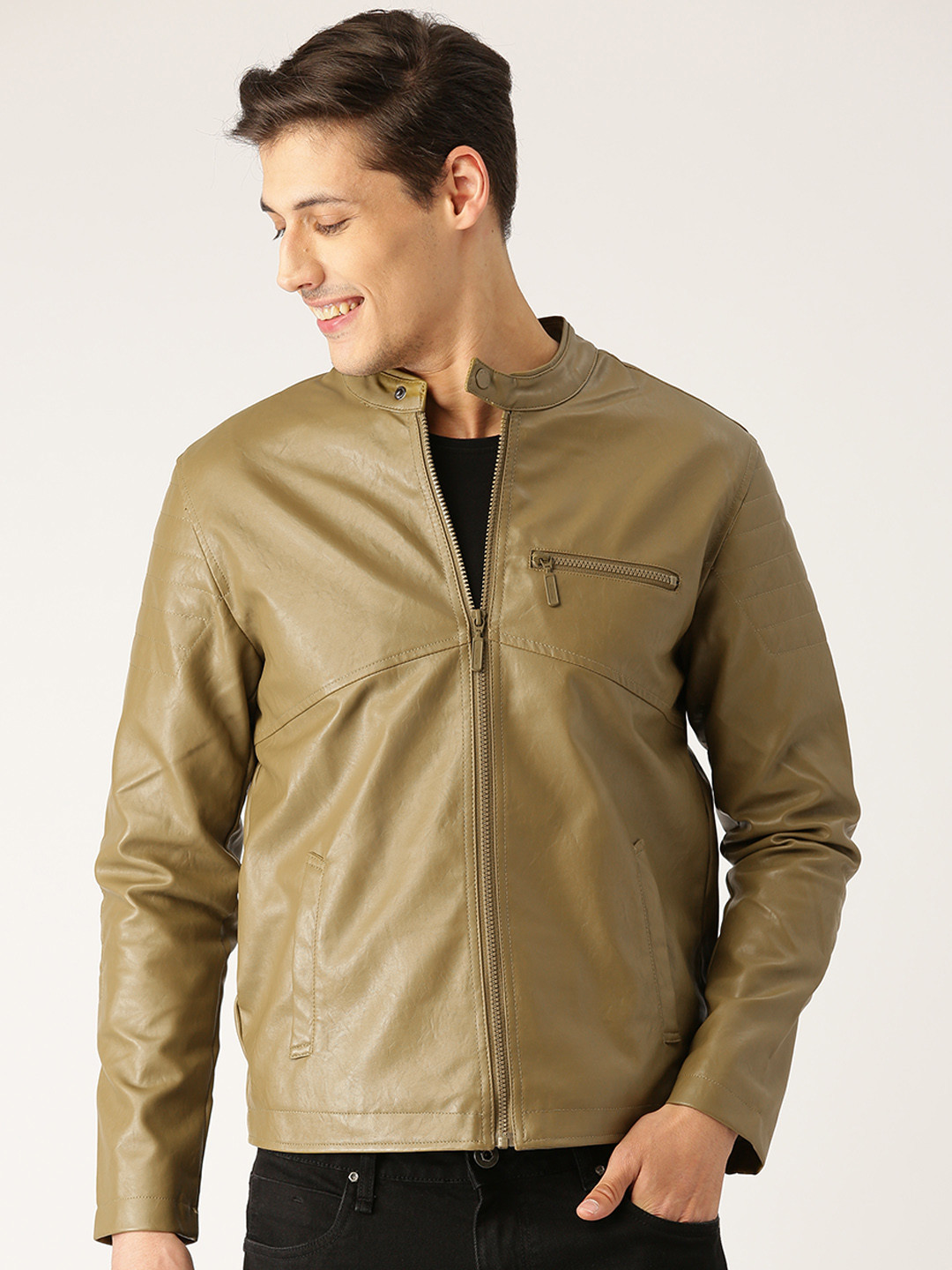 Olive Green Ucb Leather Jackets Buy United Colors Of Benetton Men