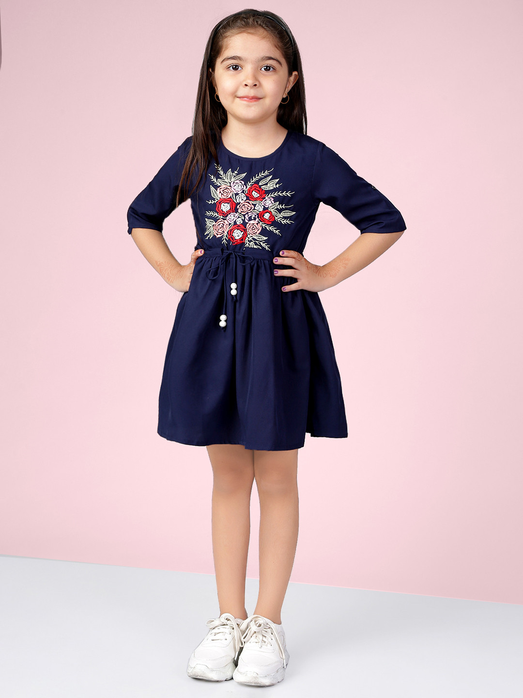 Naughty Ninos Girls Navy Blue Embroidered A-Line Dress