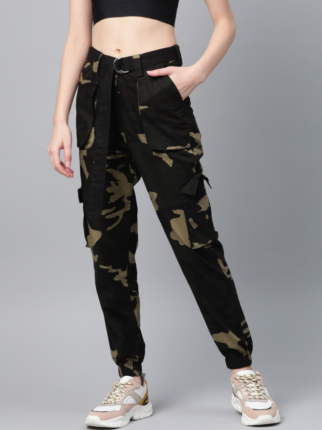 STREET 9 Women Olive Green & Brown Camouflage Print Cargos