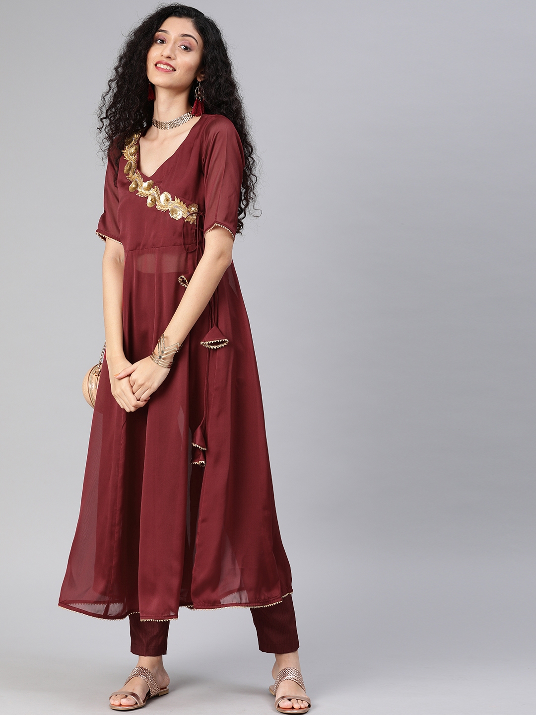 Buy Inddus Women Burgundy Embroidered Sequinned Angrakha Semi Sheer A Line  Kurta With Trousers - Kurta Sets for Women 12279288