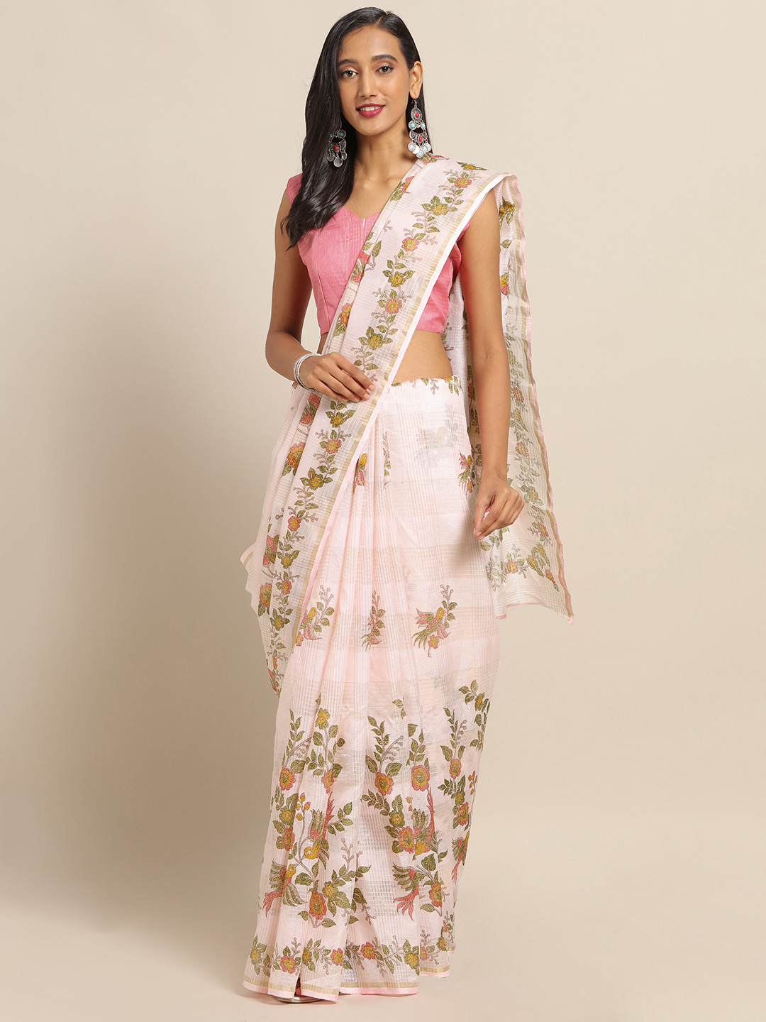 Saree mall Pink & Green Linen Blend Printed Saree