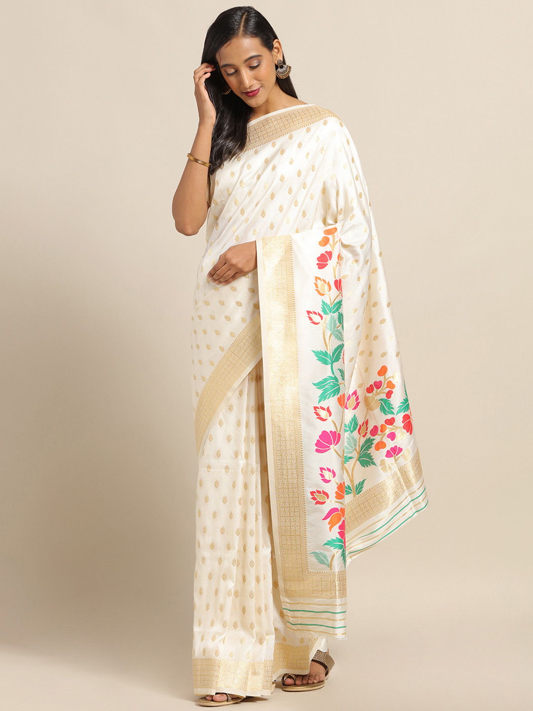 Saree mall Cream-Coloured & Golden Silk Blend Woven Design Banarasi Saree