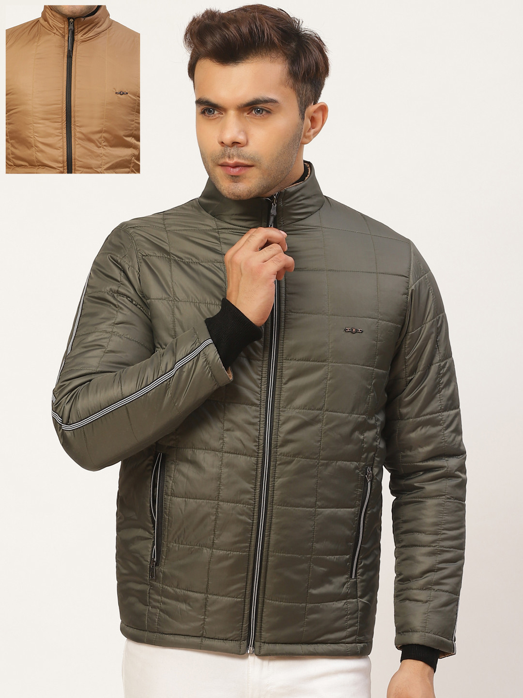 Pierre Carlo Men Olive Green & Mustard Brown Solid Reversible Quilted Jacket