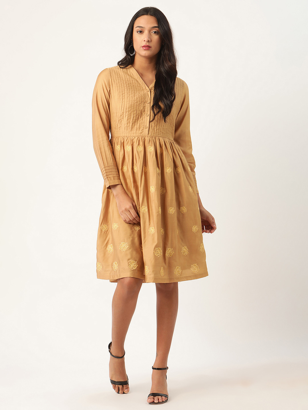 ROOTED Women Beige Embroidered Fit and Flare Dress