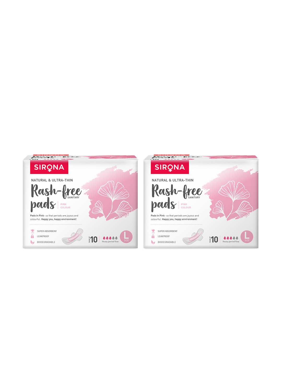 Sirona Pack of 2 Natural Biodegradable Super Soft Pink Sanitary Pads - 10 Pcs each