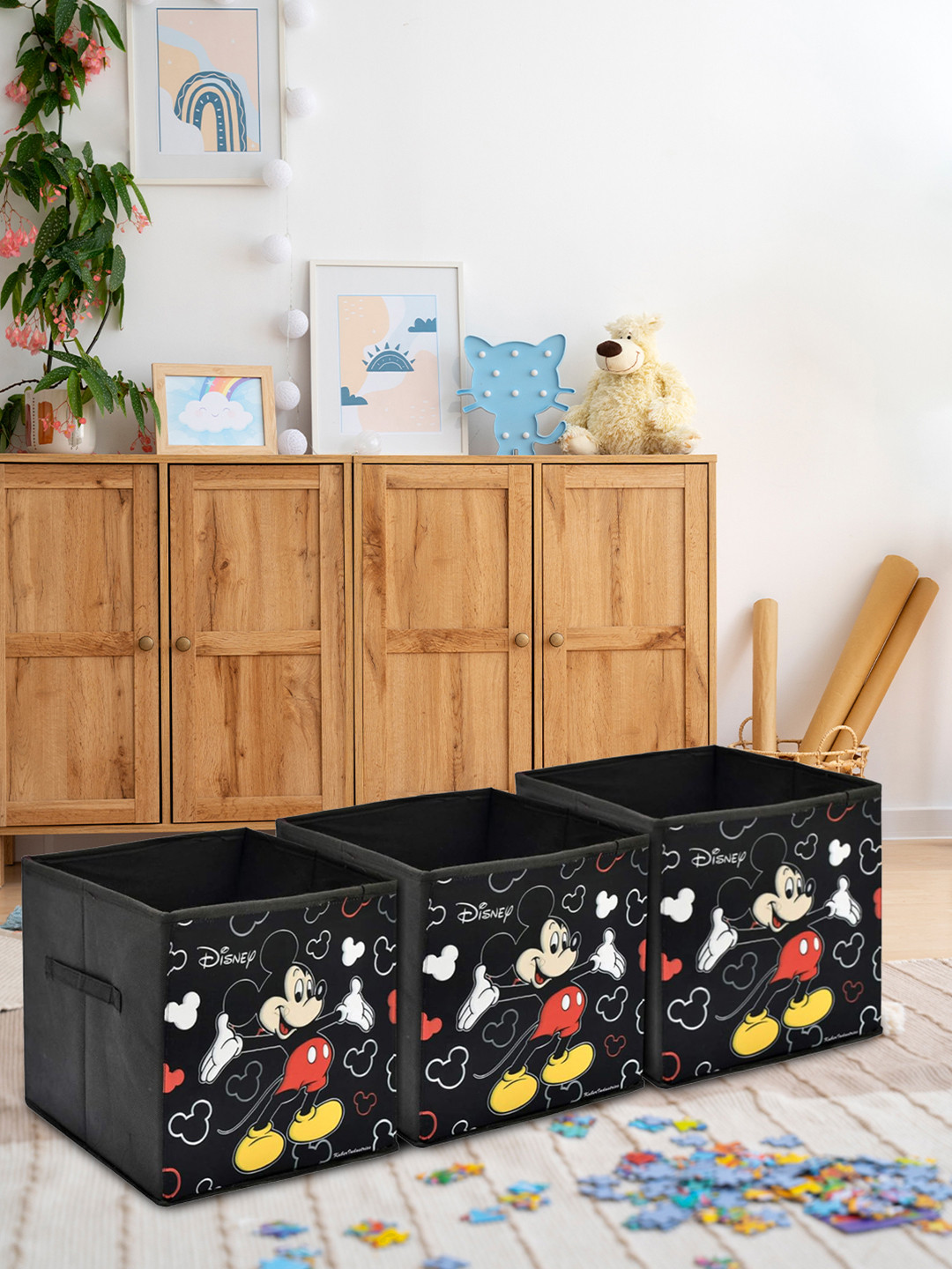 Kuber Industries Set Of 3 Black Disney Mickey Mouse Printed Foldable Storage Boxes With Handle