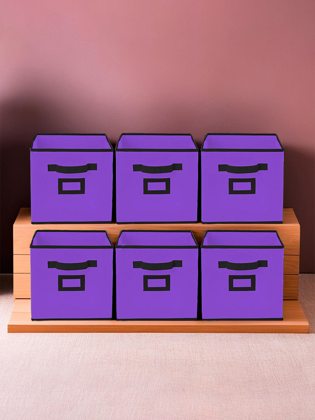 Kuber Industries Set Of 6 Purple Solid Foldable Fabric Storage Cube With Handle
