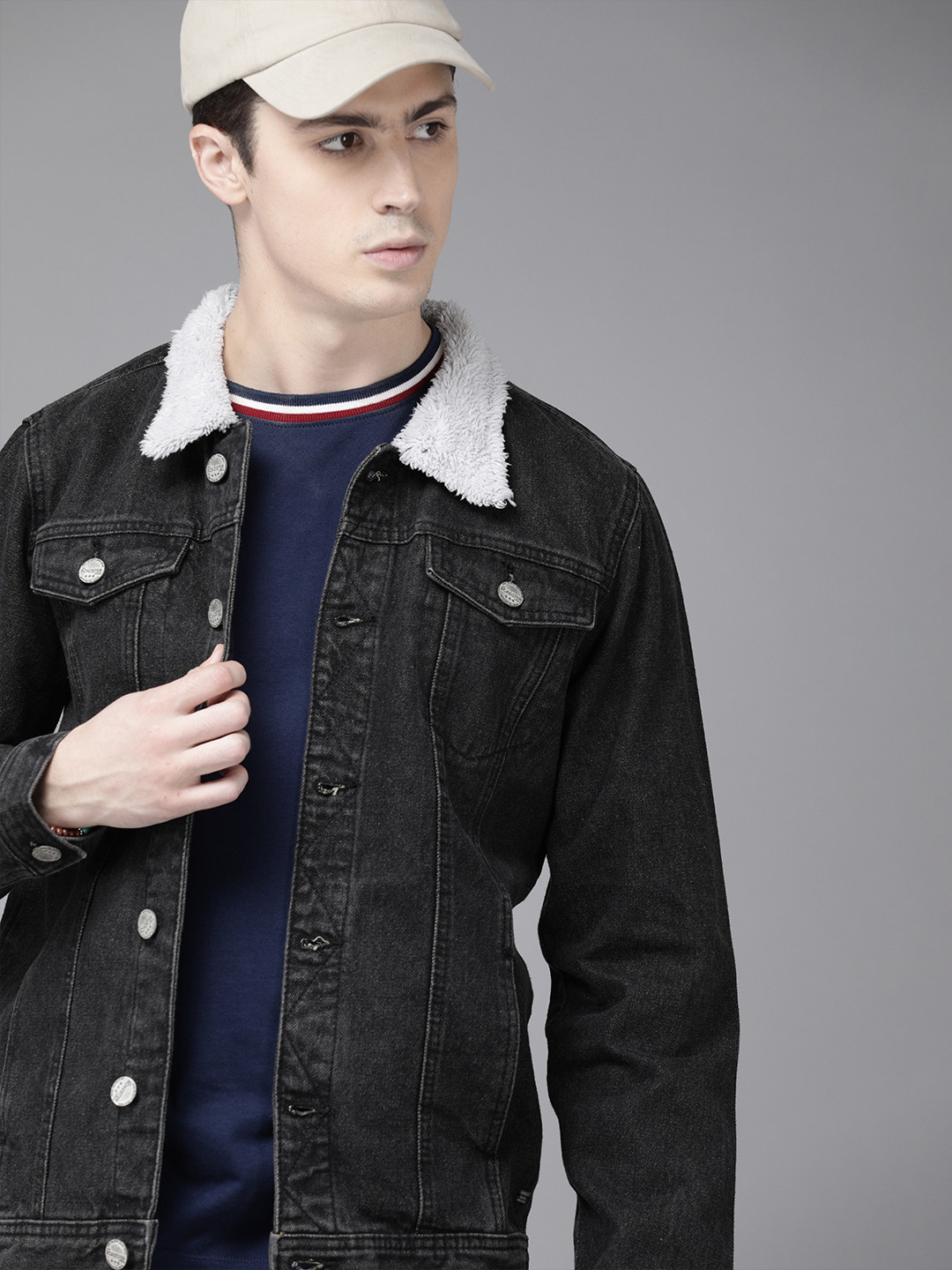 Roadster Men Black Solid Denim Jacket With Faux Fur Trims