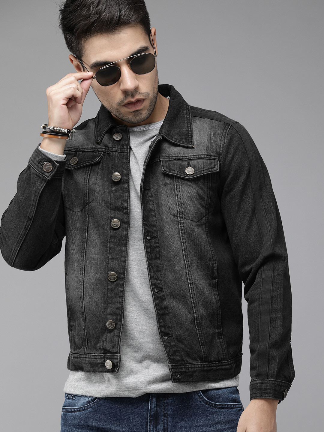 Roadster Men Black Washed Denim Jacket