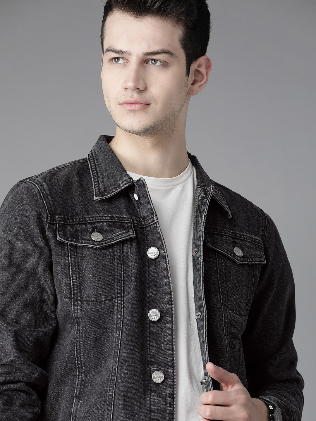 Roadster Men Charcoal Grey Washed Denim Jacket