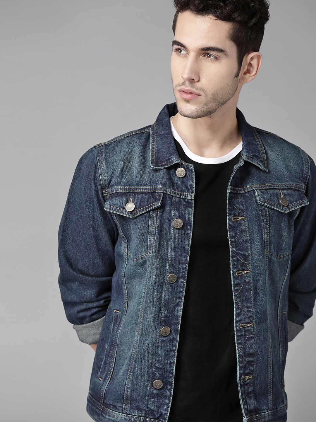 Roadster Men Navy Blue Washed Denim Jacket