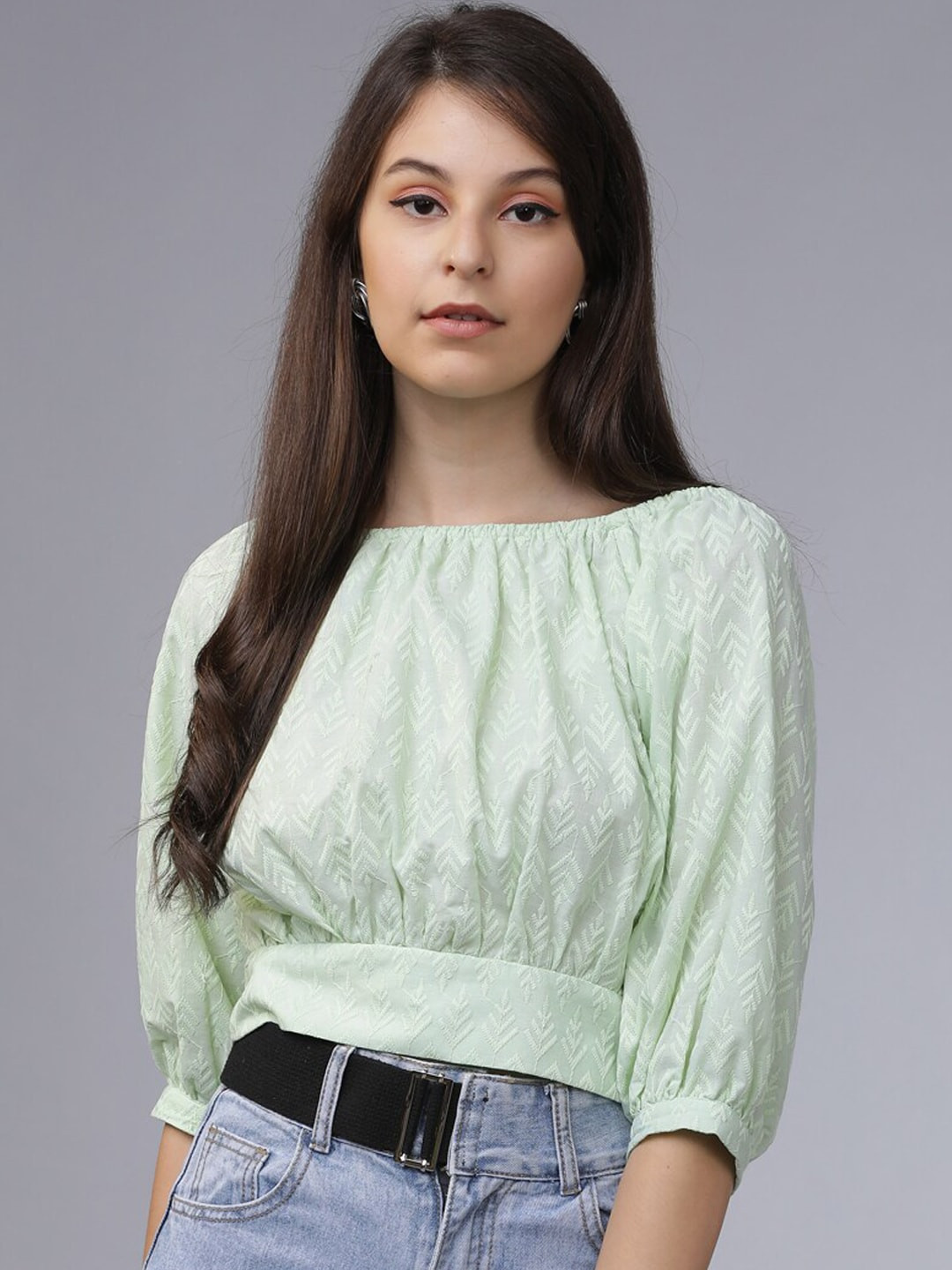Tokyo Talkies Green Abstract Embroidered Styled Back Top
