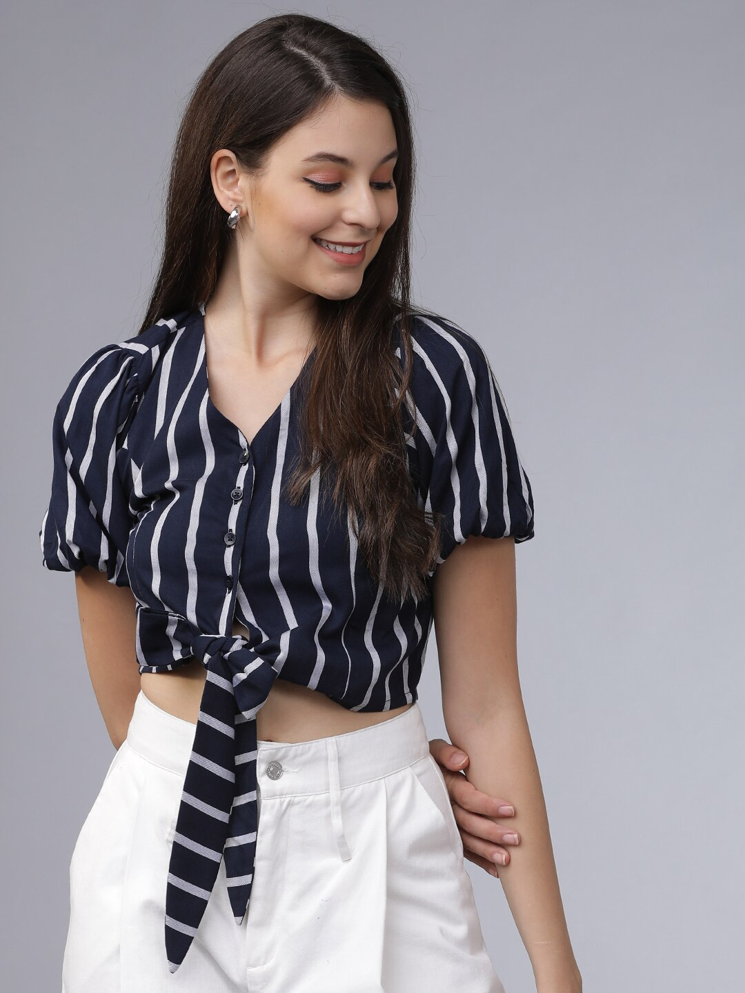 Tokyo Talkies Navy Blue & White Striped Crop Top