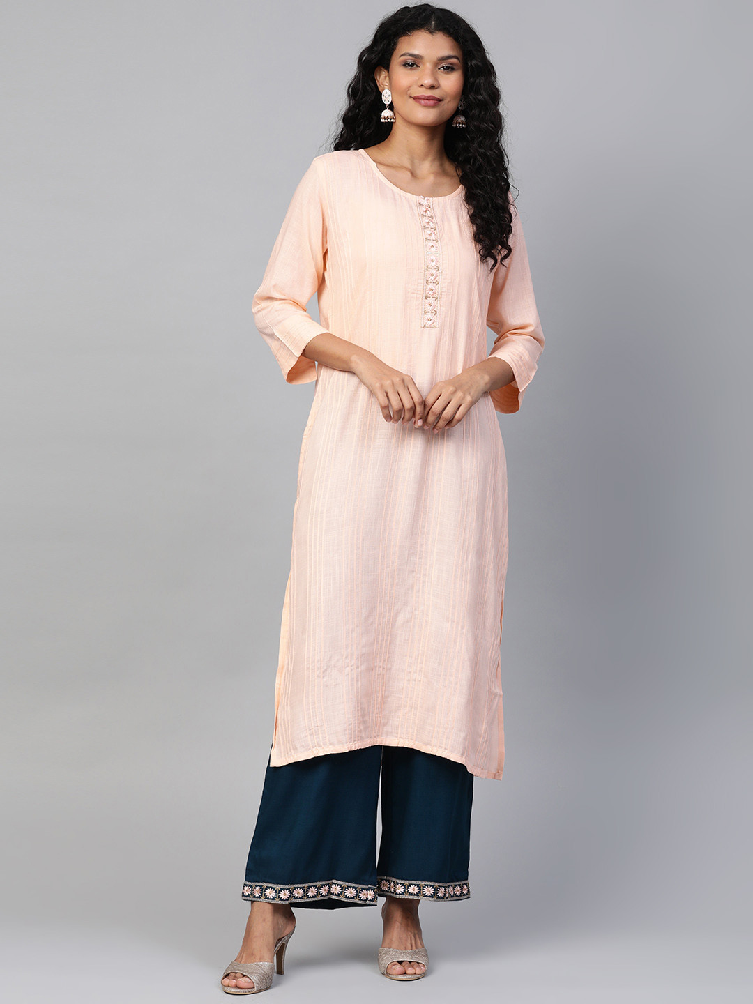 Laado - Pamper Yourself Women Peach-Coloured & Teal Blue Solid Pintuck Kurta with Palazzos