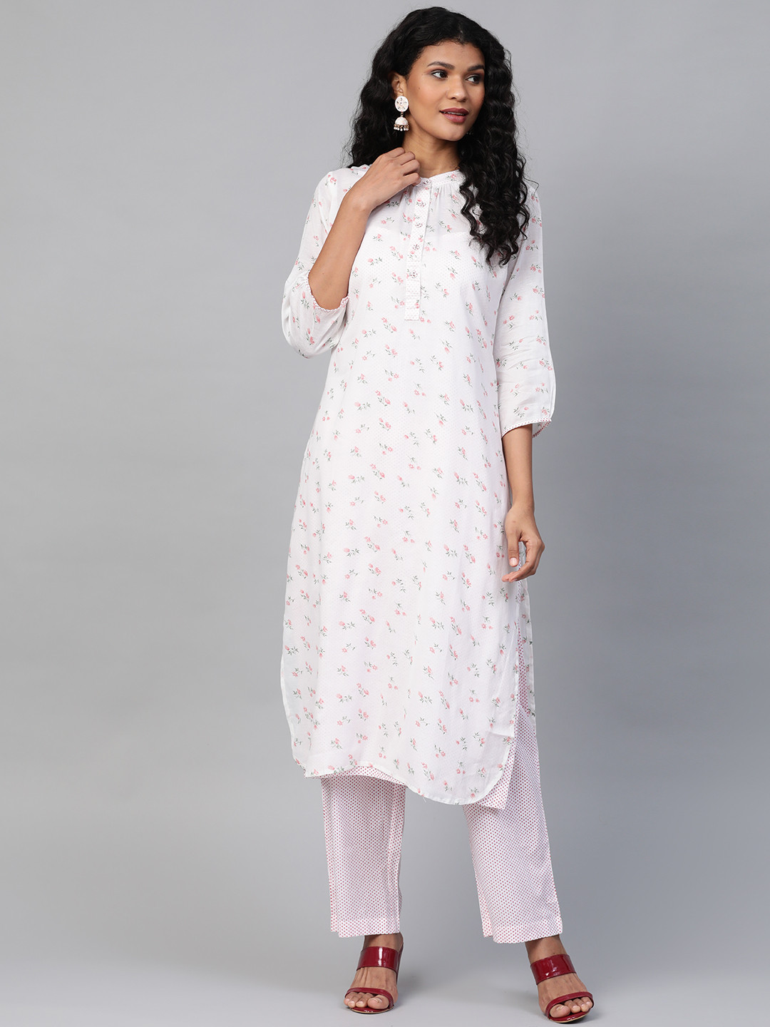 Laado - Pamper Yourself Women White & Red Floral Printed Kurta with Trousers