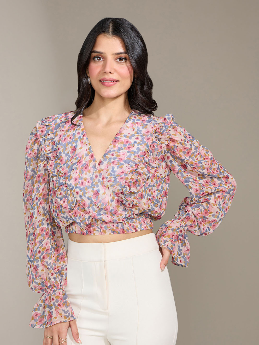 20Dresses Dusty Pink & Blue Floral Crop Wrap Top