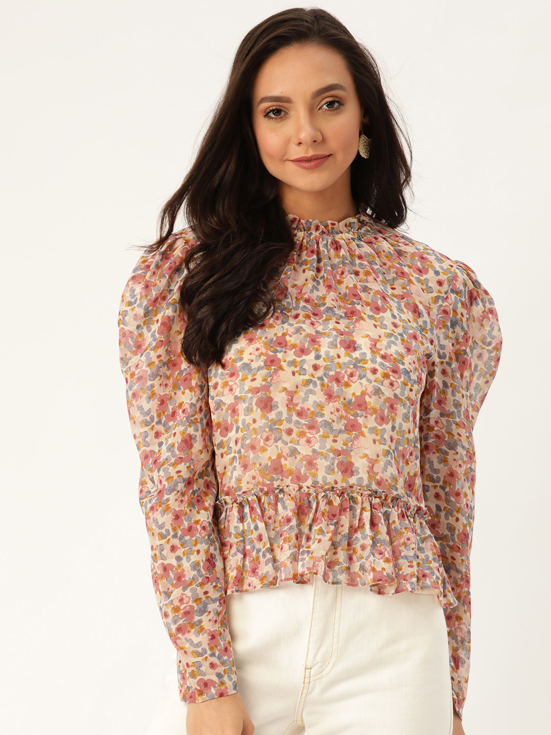 20Dresses Women Dusty Pink & Blue Floral Printed Semi-Sheer Peplum Top