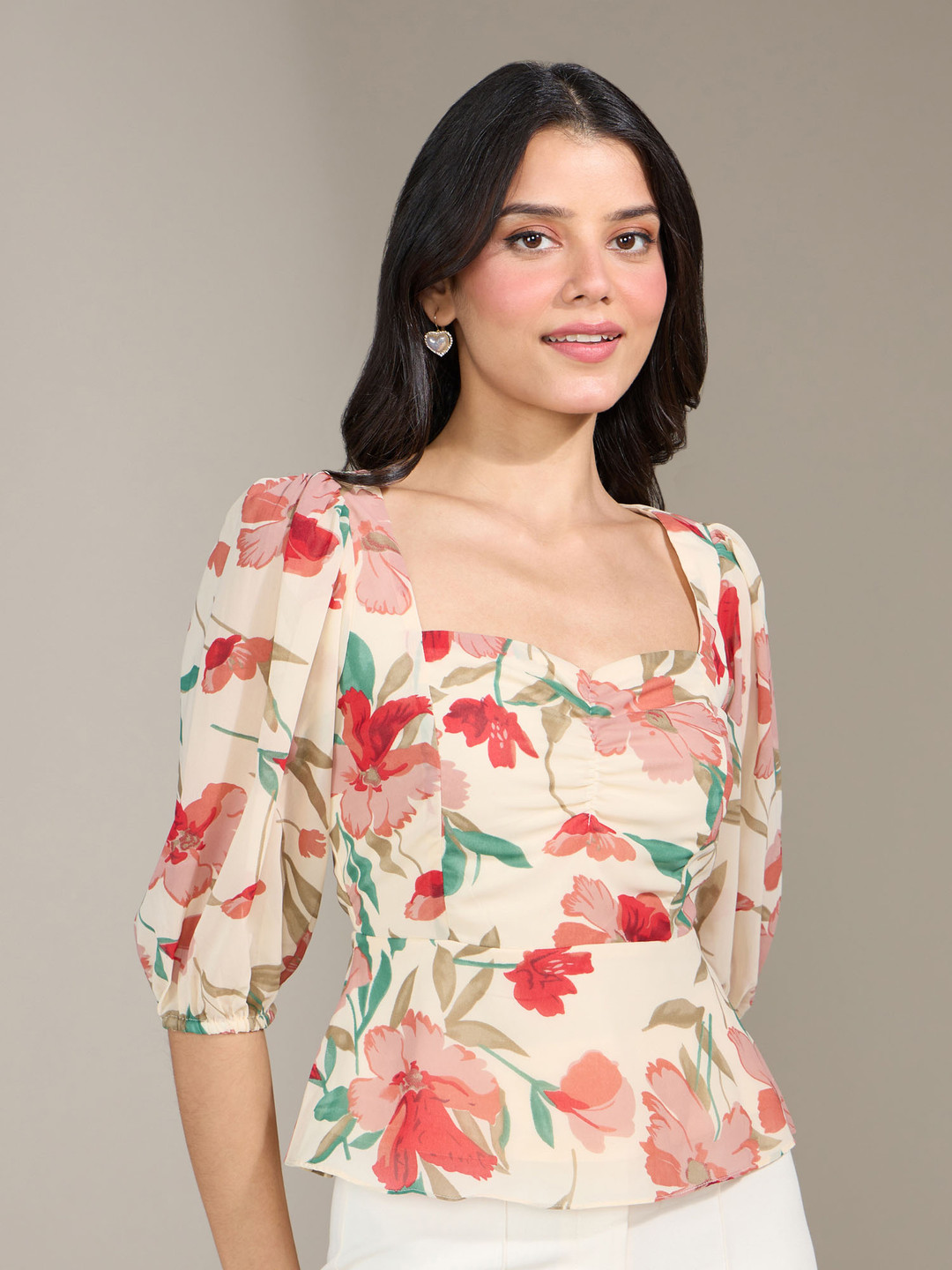 20Dresses Cream-Coloured & Maroon Floral Semi-Sheer A-Line Top