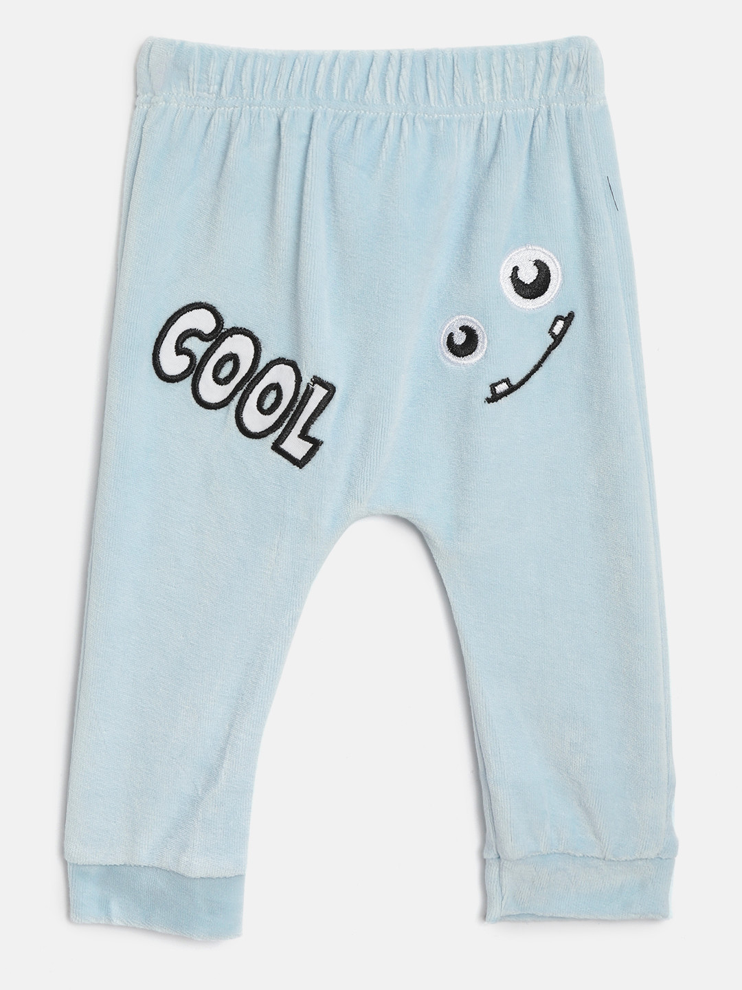 Moms Love Boys Blue & Black Solid Velvet Finish Lounge Pants with Applique Detail