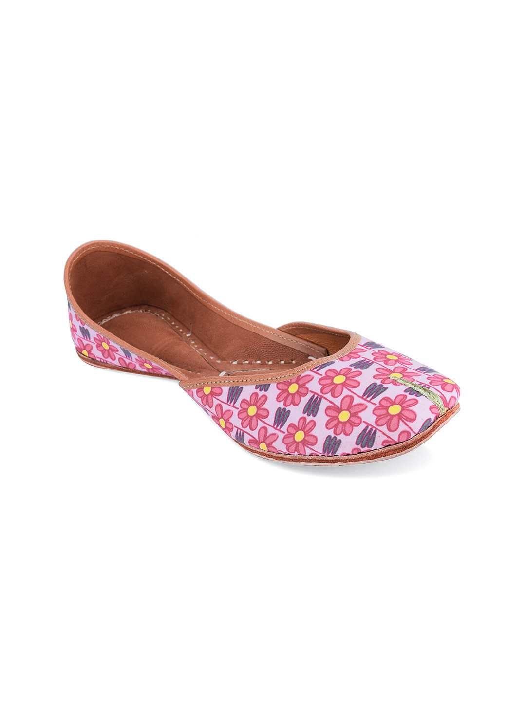 DESI COLOUR Women Pink & Blue Floral Printed Leather Mojaris