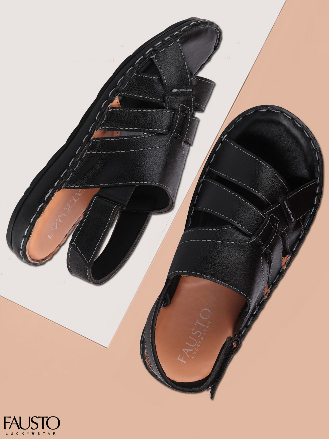 FAUSTO Men Black Solid Fisherman Sandals