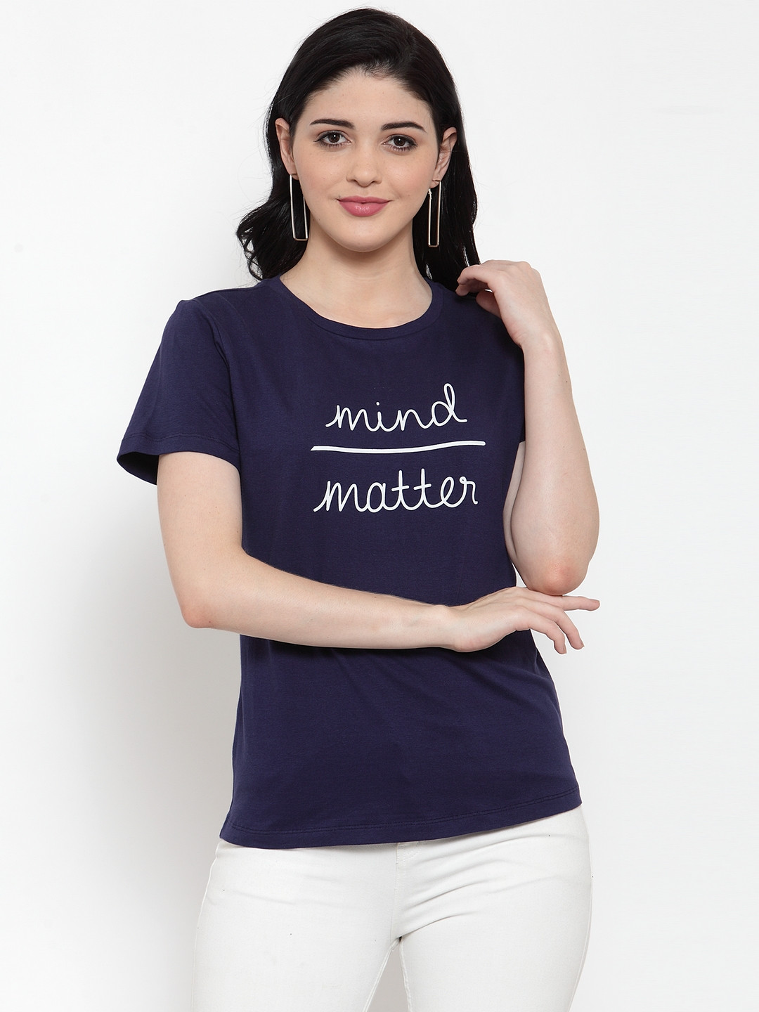 DOOR74 Women Navy Blue Printed Round Neck T-shirt