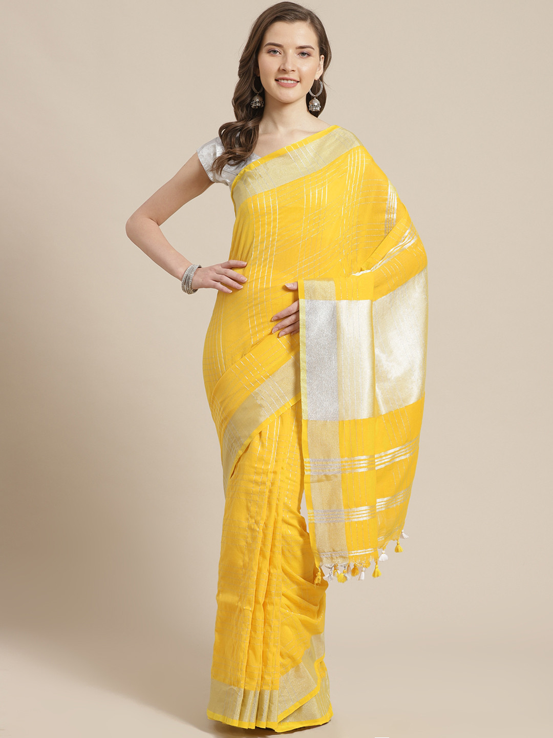 Laa Calcutta Yellow & Silver Self-Checked Bengal Handloom Taant Saree