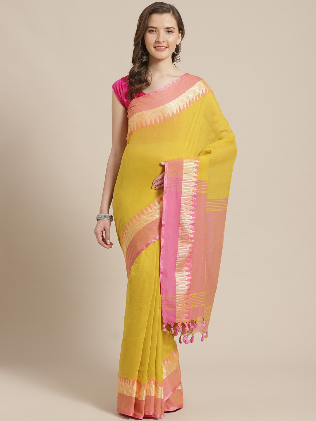 Laa Calcutta Yellow & Pink Pure Cotton Solid Bengal Handloom Saree