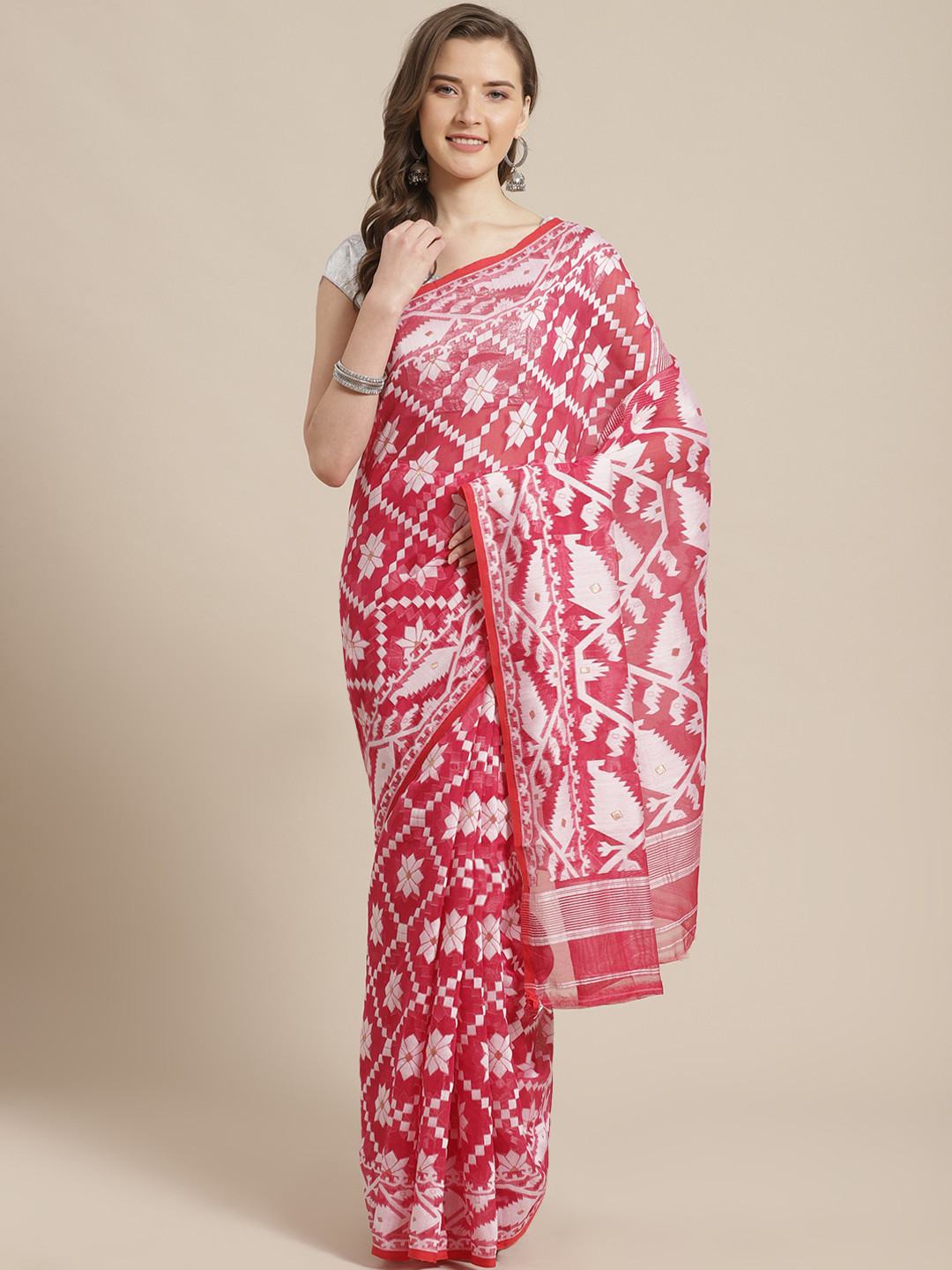Laa Calcutta Pink & White Woven Design Jamdani Saree
