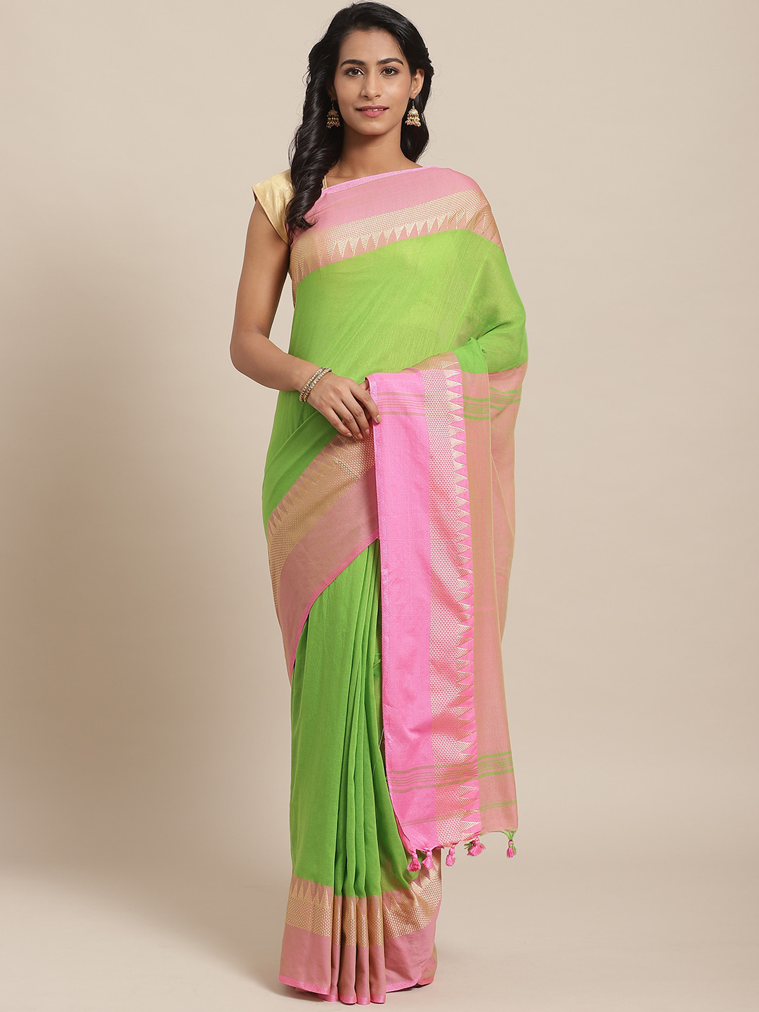 Laa Calcutta Green & Pink Pure Cotton Bengal Handloom Solid Saree