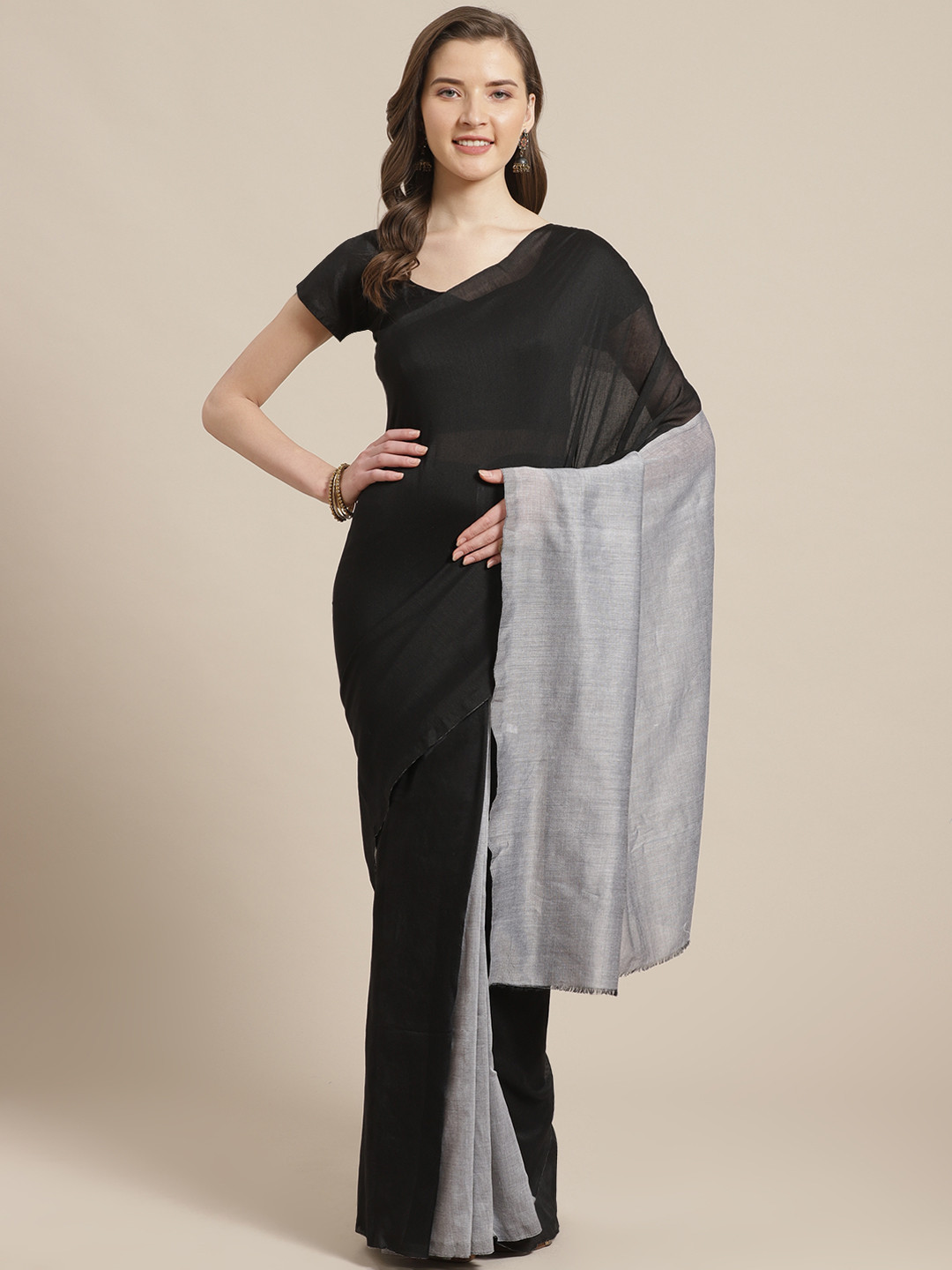 Laa Calcutta Black & Grey Pure Cotton Colourblocked Bengal Handloom Saree