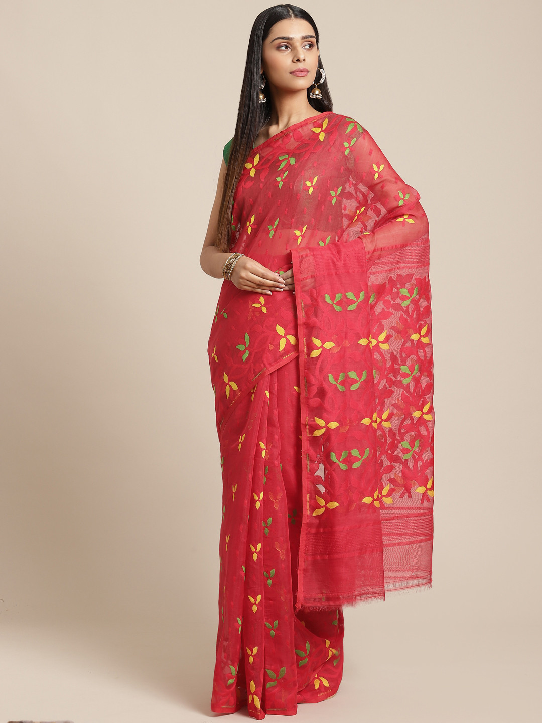Laa Calcutta Red & Green Floral Woven Design Jamdani Saree