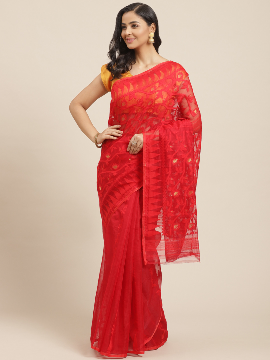 Laa Calcutta Red & Golden Ethnic Floral Patterned Jamdani Saree