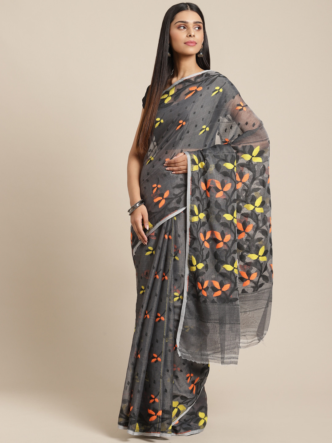 Laa Calcutta Charcoal Grey & Orange Floral Woven Design Jamdani Saree