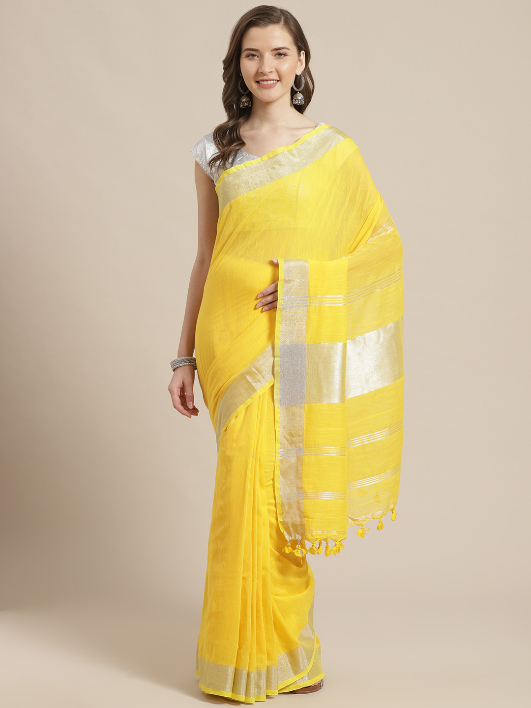 Laa Calcutta Yellow Solid Bengal Handloom Taant Saree