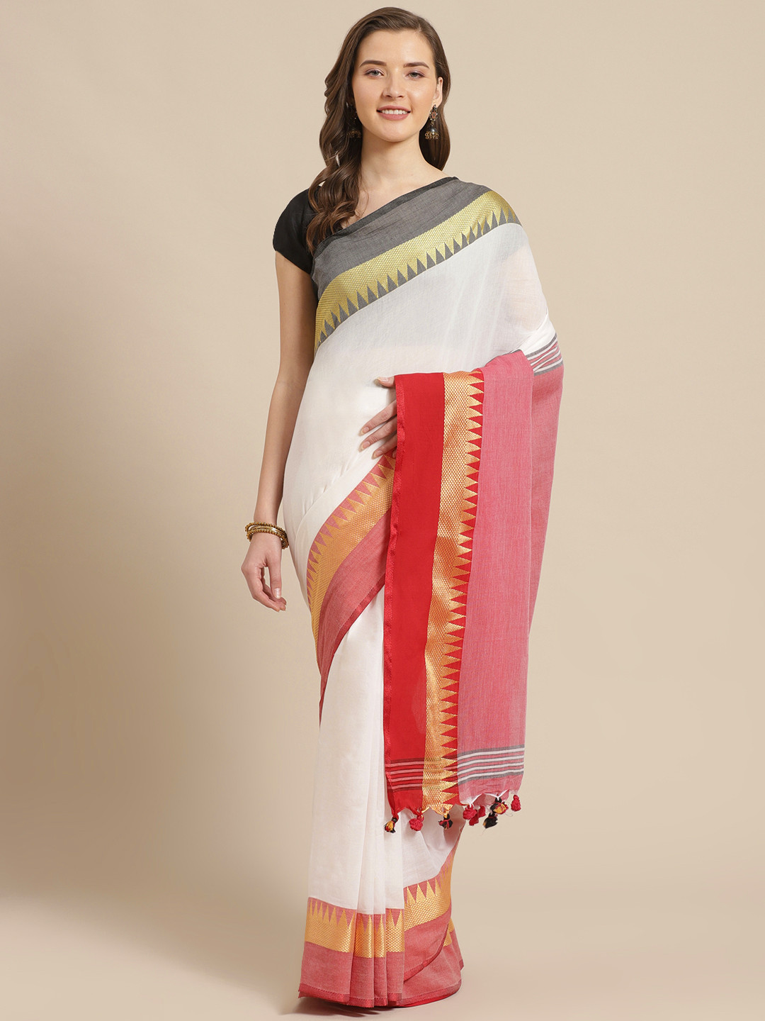 Laa Calcutta White & Red Pure Cotton Solid Bengal Handloom Saree