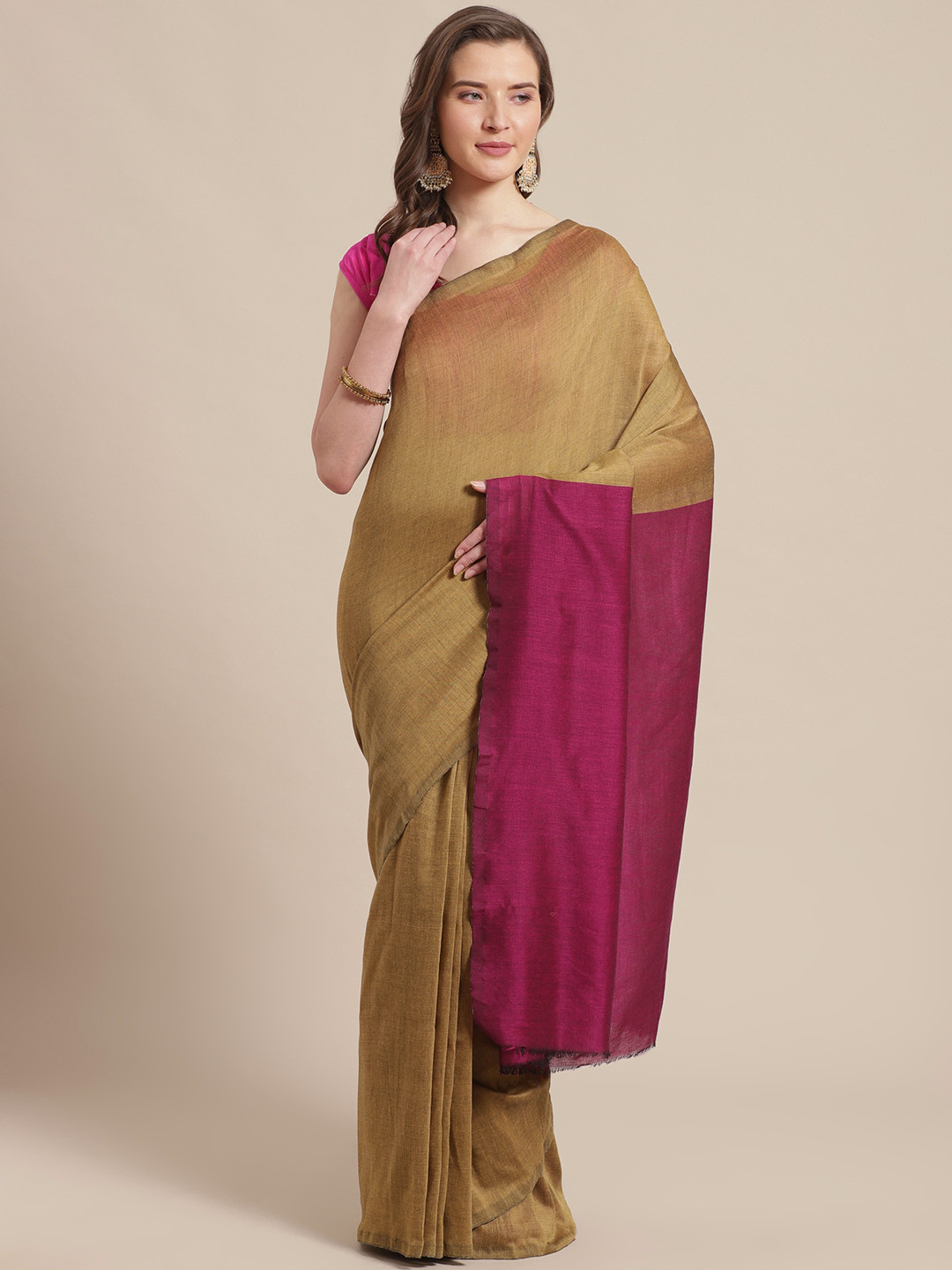 Laa Calcutta Olive Green & Maroon Pure Cotton Solid Bengal Handloom Saree