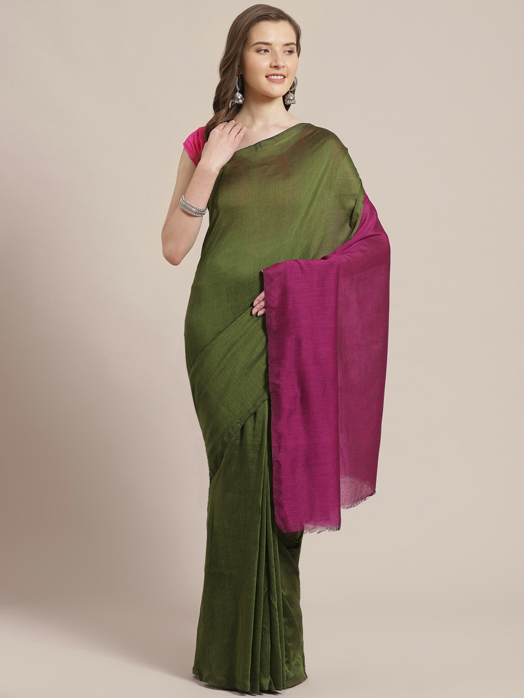 Laa Calcutta Olive Green & Magenta Colourblocked Handloom Saree