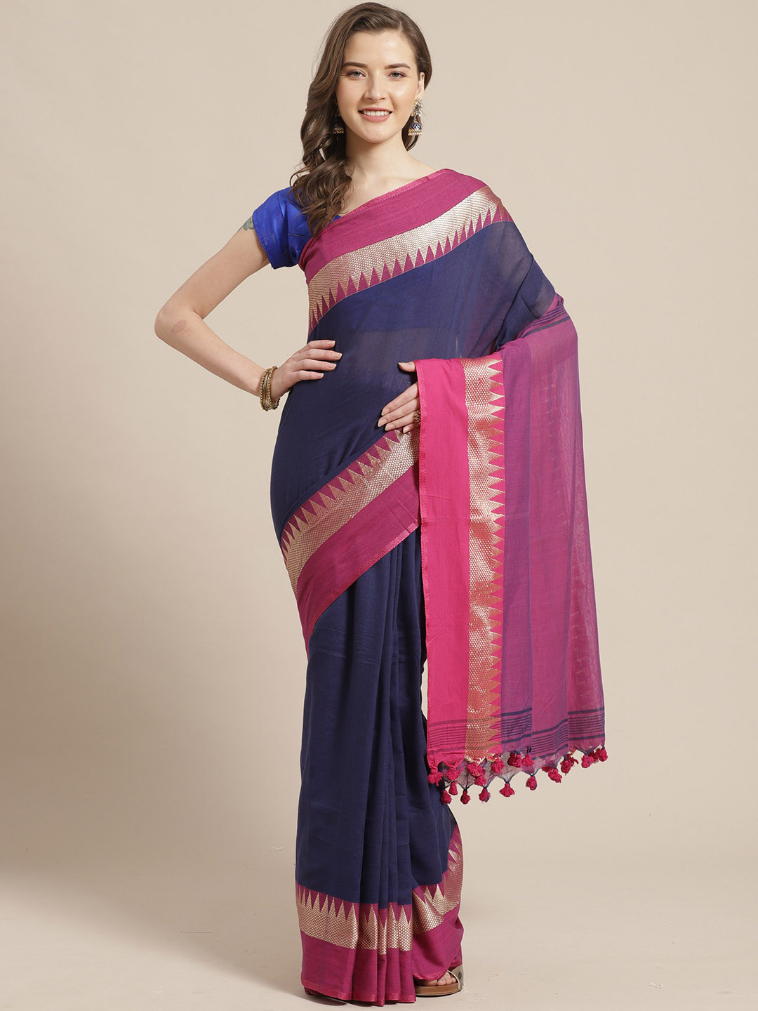 Laa Calcutta Navy Blue & Pink Pure Cotton Solid Bengal Handloom Saree