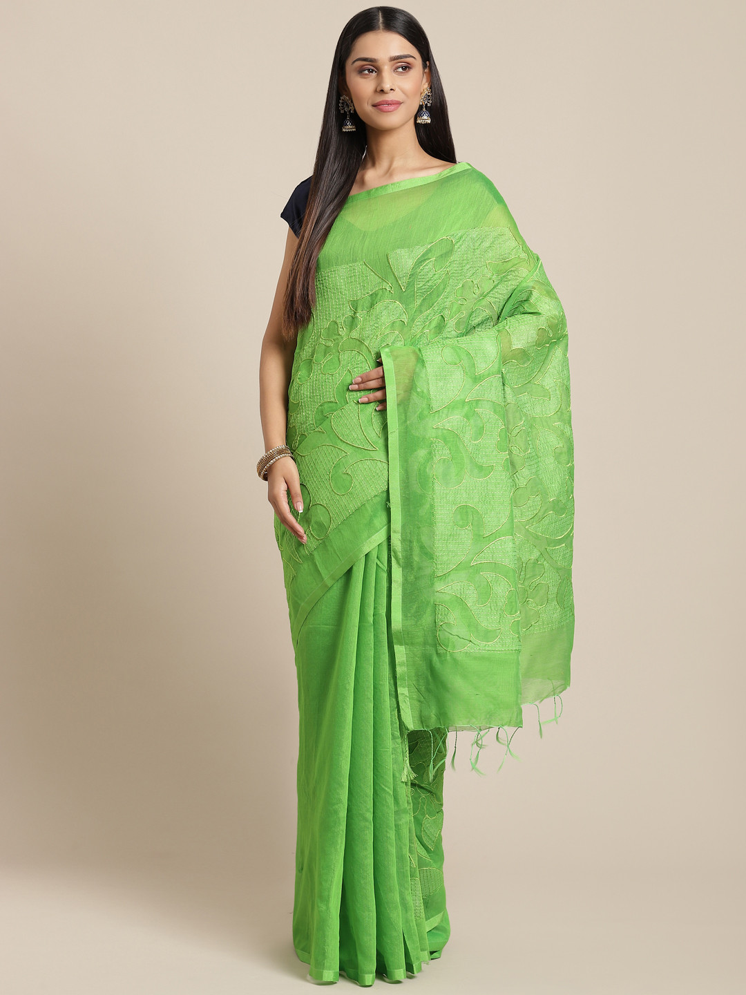 Laa Calcutta Green Woven Design Taant Saree