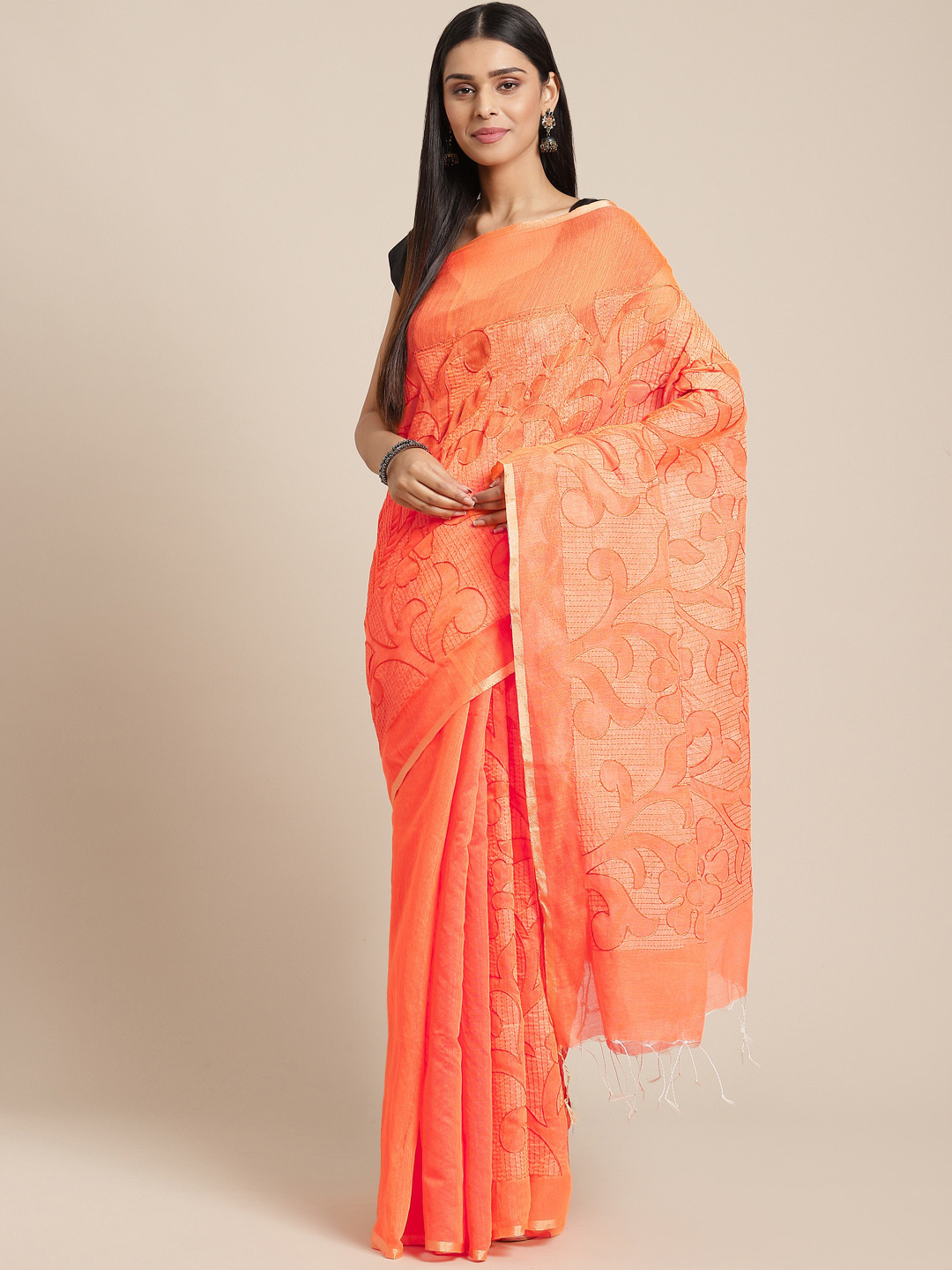 Laa Calcutta Orange Woven Design Taant Saree