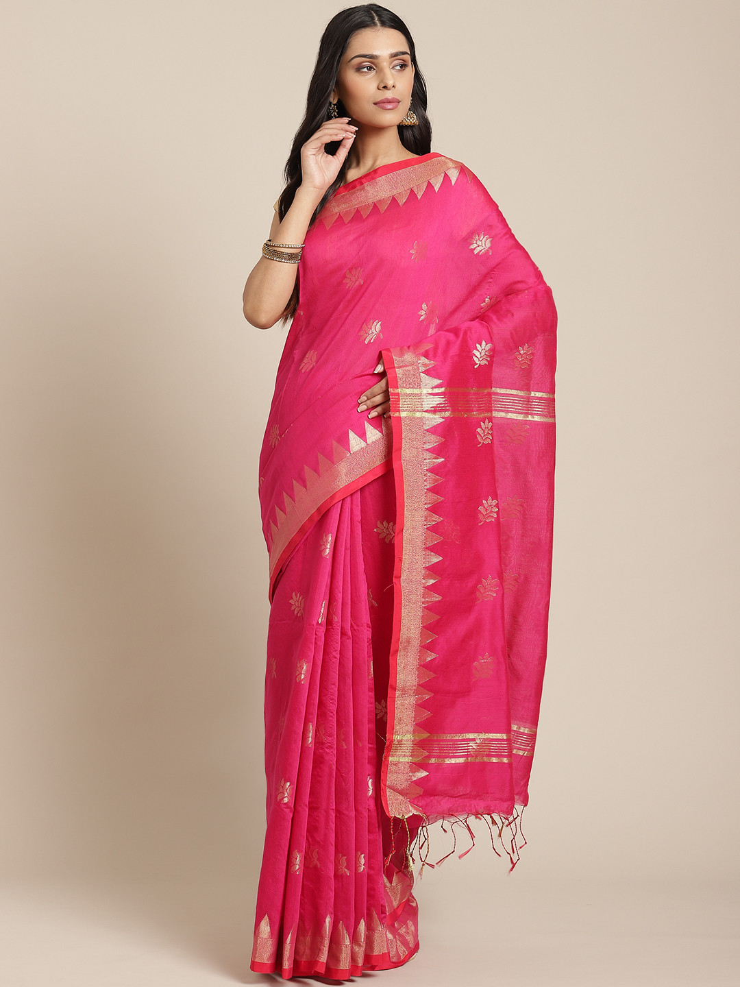 Laa Calcutta Pink & Golden Woven Design Taant Saree