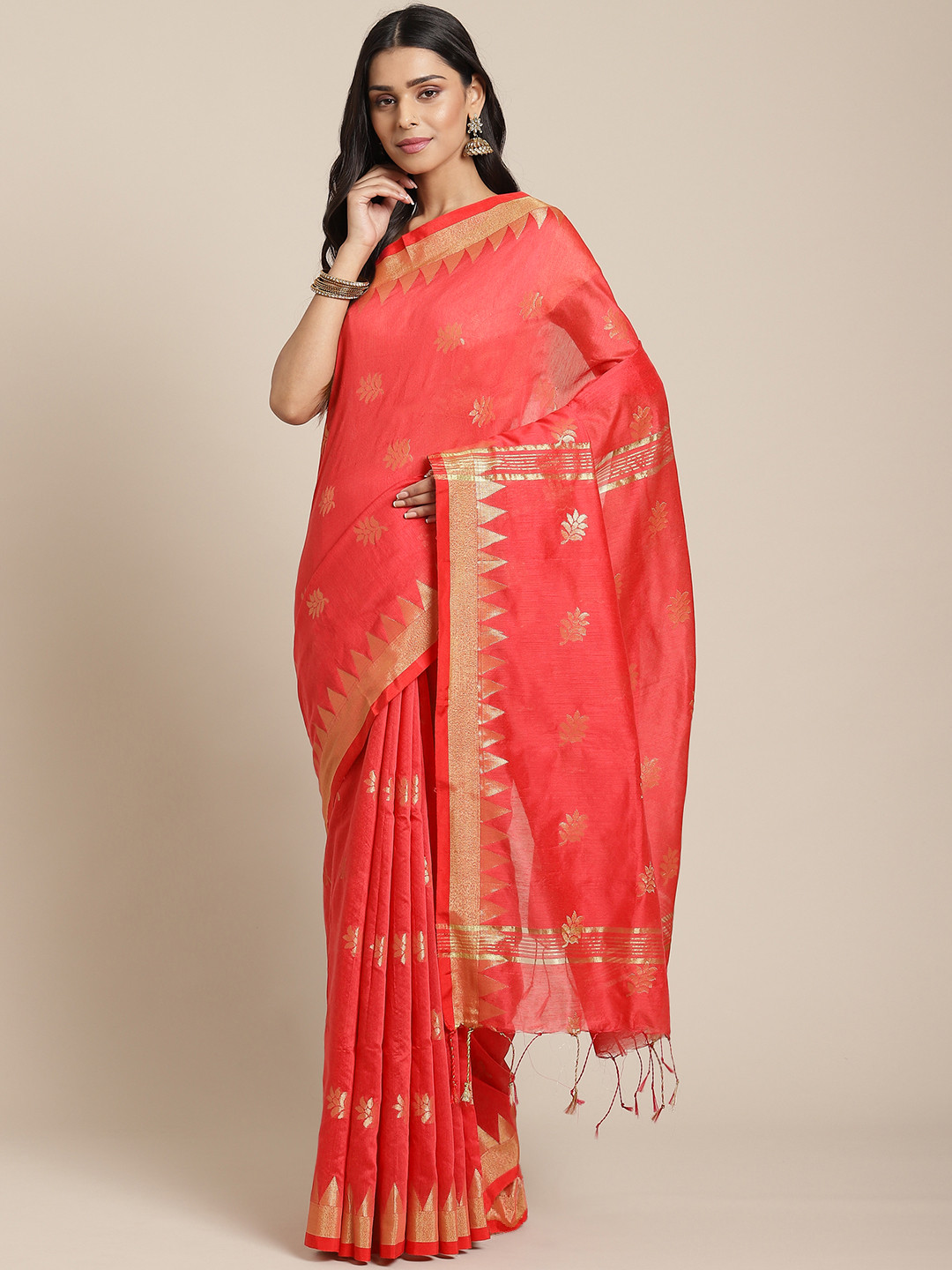 Laa Calcutta Red & Golden Woven Design Taant Saree