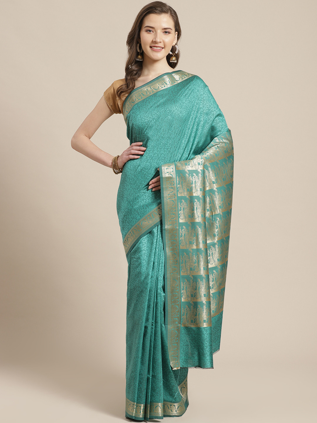 Laa Calcutta Teal Green & Golden Leaf Woven Design Bengal Handloom Taant Saree