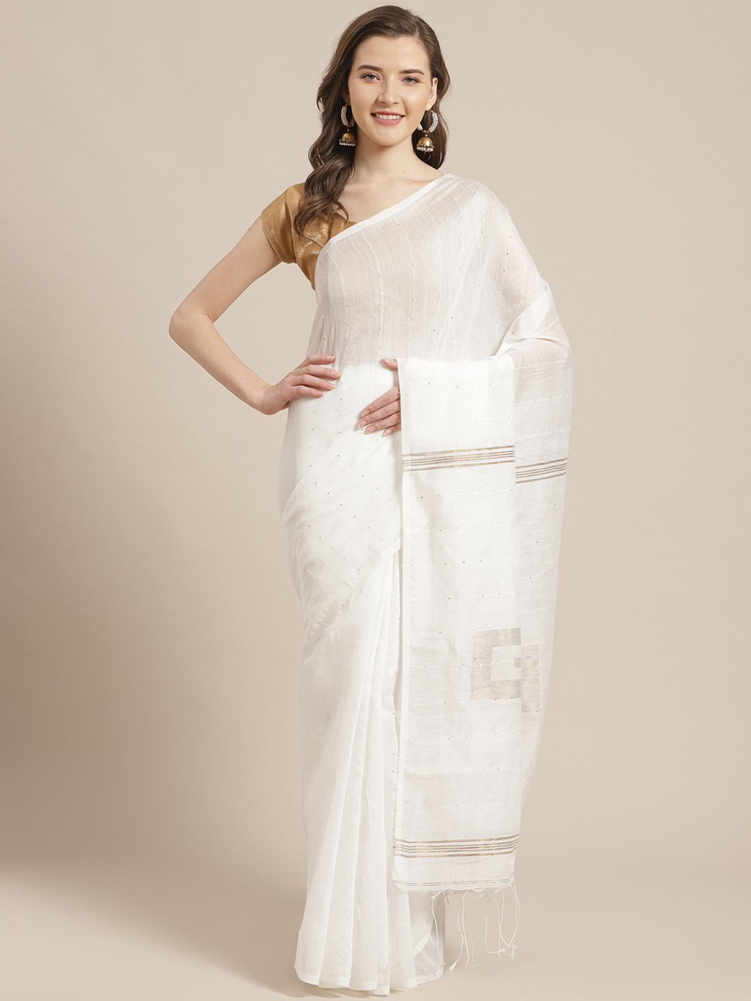Laa Calcutta White Sequinned Bengal Handloom Taant Saree
