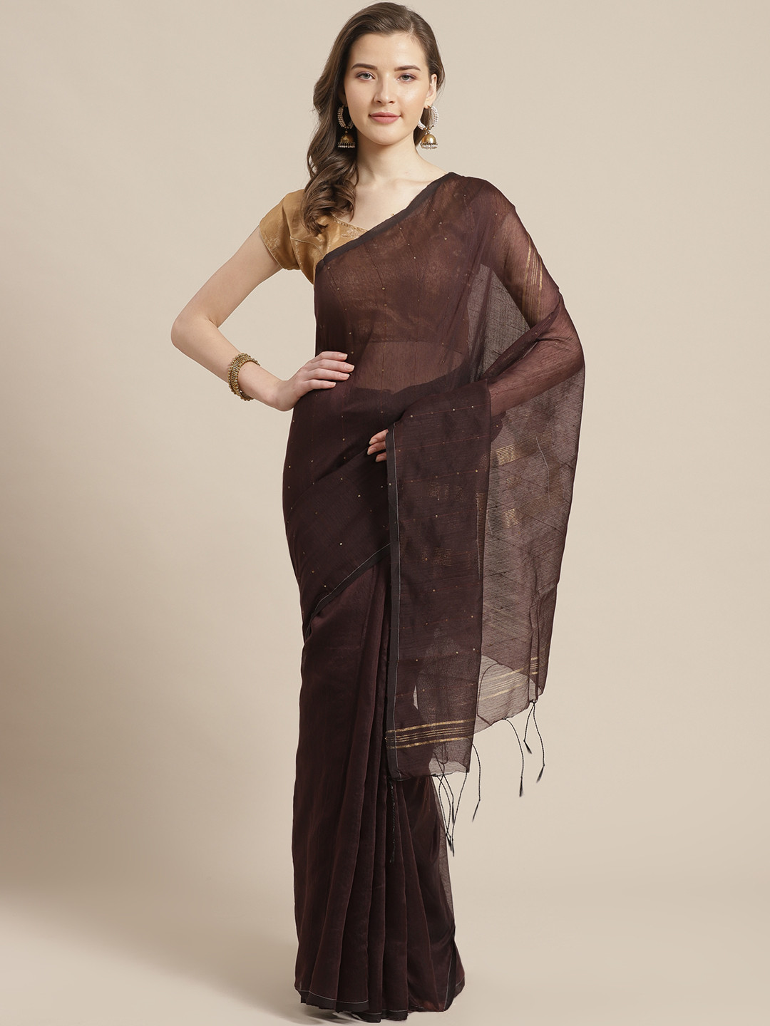 Laa Calcutta Coffee Brown Sequinned Bengal Handloom Taant Saree